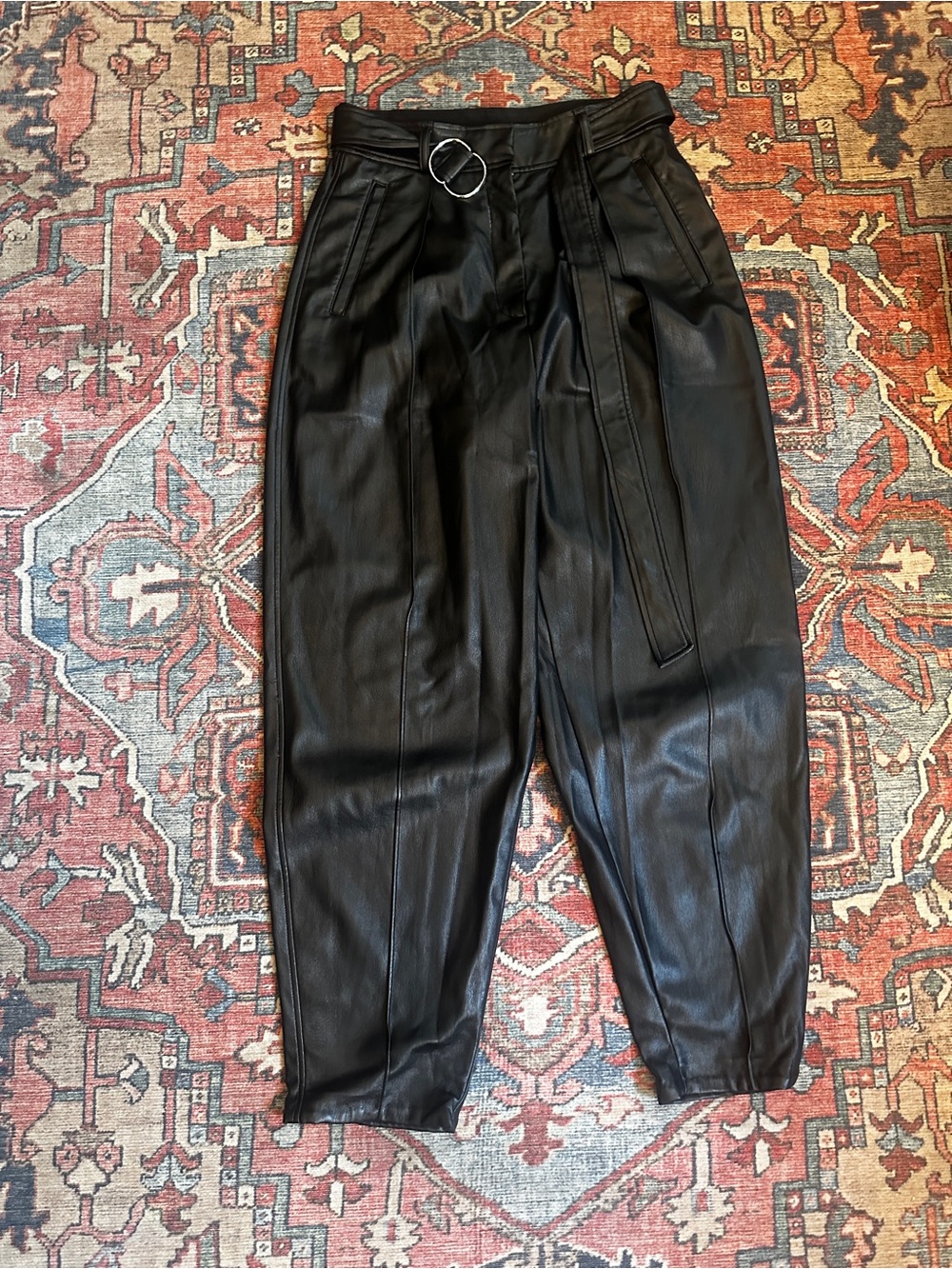 Babaton Black Vegan Leather Cropped Tapered Pants with belt - Picture 3 of 7